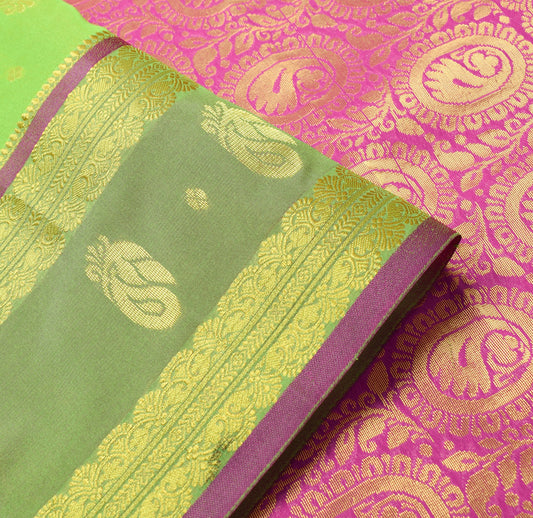 Indian Green Purple Sari Banarasi Art Cotton Saree with Blouse Gold Zari Woven