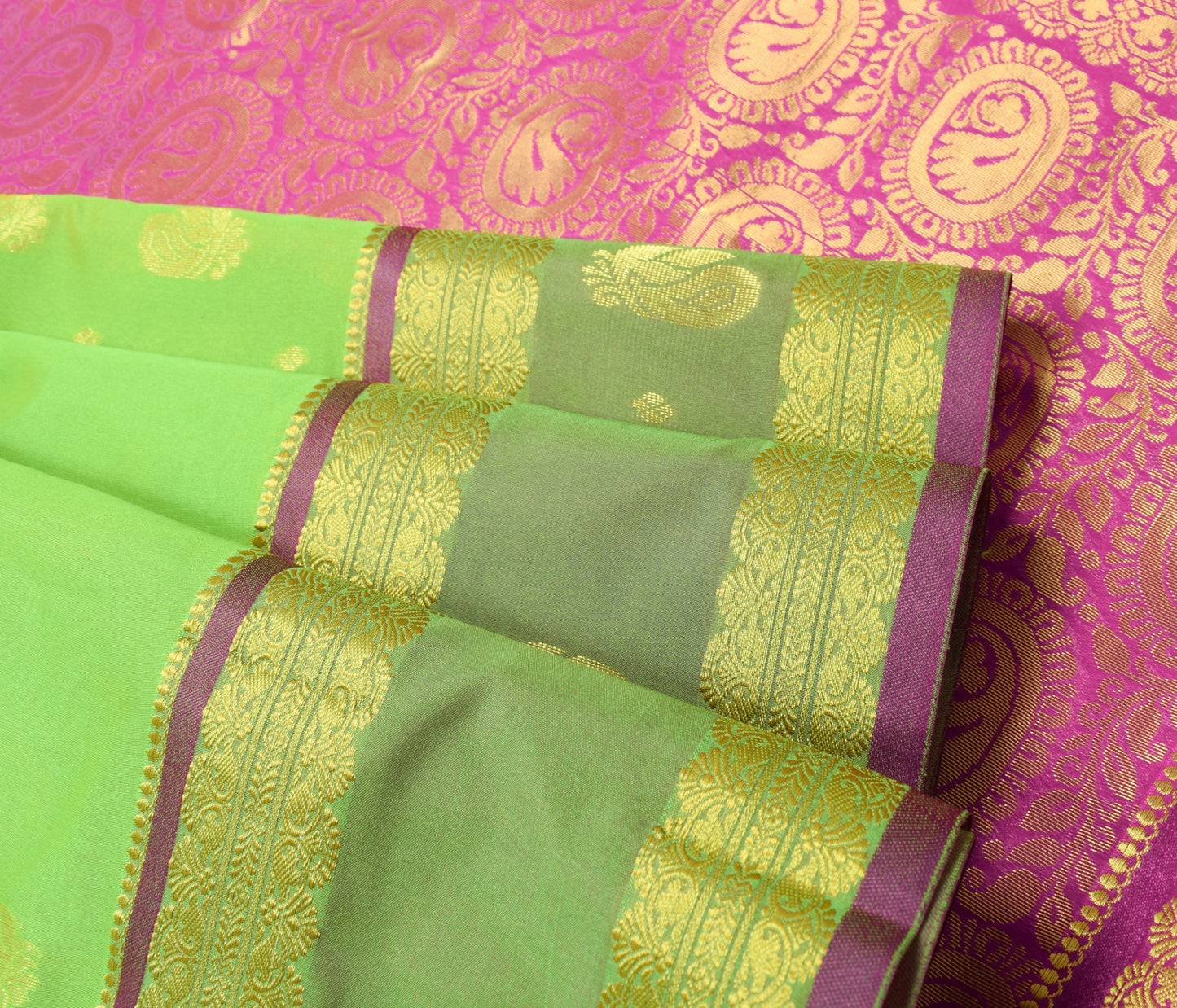 Indian Green Purple Sari Banarasi Art Cotton Saree with Blouse Gold Zari Woven