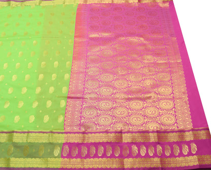 Indian Green Purple Sari Banarasi Art Cotton Saree with Blouse Gold Zari Woven