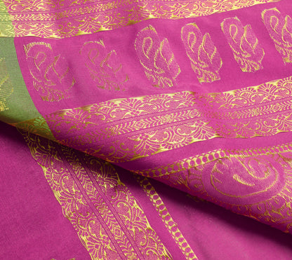 Indian Green Purple Sari Banarasi Art Cotton Saree with Blouse Gold Zari Woven