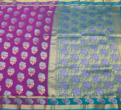 Purple Zari Woven Banarasi Saree Cotton Art Party Wear Sari with Blouse Fabric