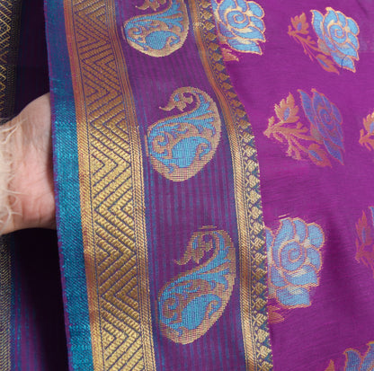 Purple Zari Woven Banarasi Saree Cotton Art Party Wear Sari with Blouse Fabric