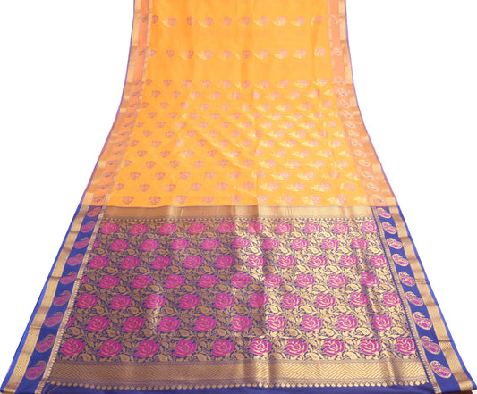 Zari Woven Banarasi Saree Cotton Art Party Wear Sari with Blouse Fabric Yellow