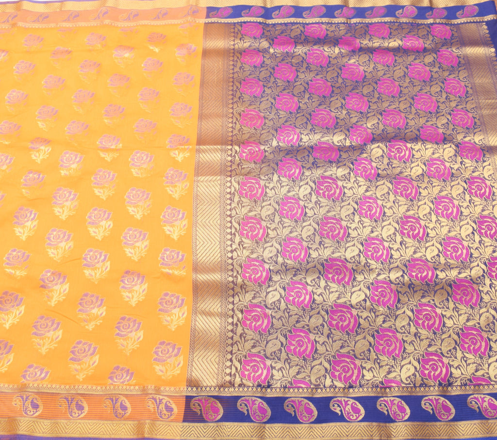 Zari Woven Banarasi Saree Cotton Art Party Wear Sari with Blouse Fabric Yellow