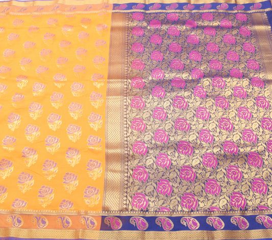 Zari Woven Banarasi Saree Cotton Art Party Wear Sari with Blouse Fabric Yellow