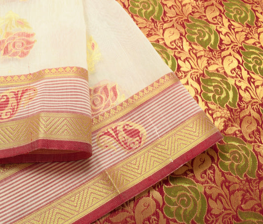 Cream Zari Woven Banarasi Saree Cotton Art Party Wear Sari with Blouse Fabric