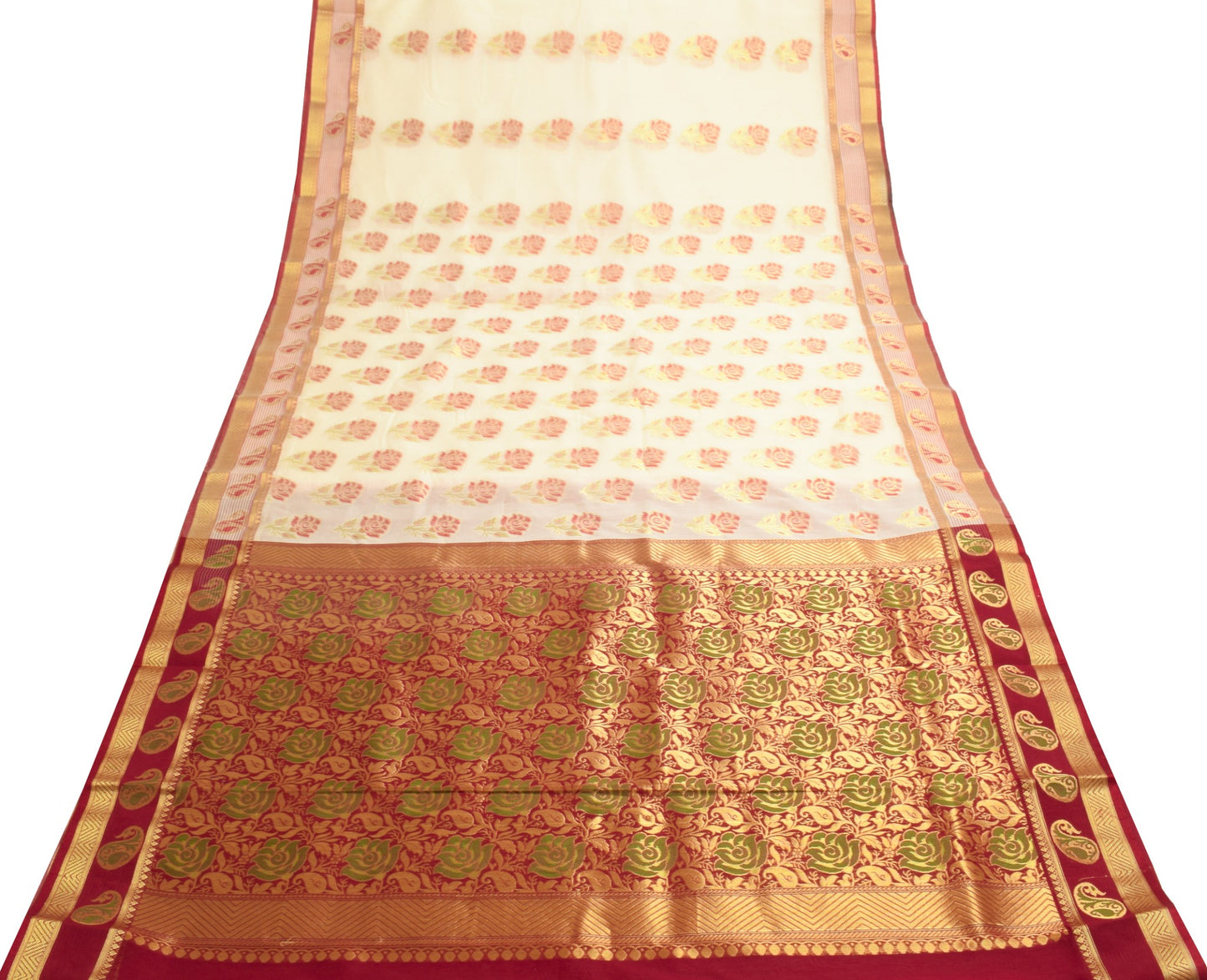 Cream Zari Woven Banarasi Saree Cotton Art Party Wear Sari with Blouse Fabric