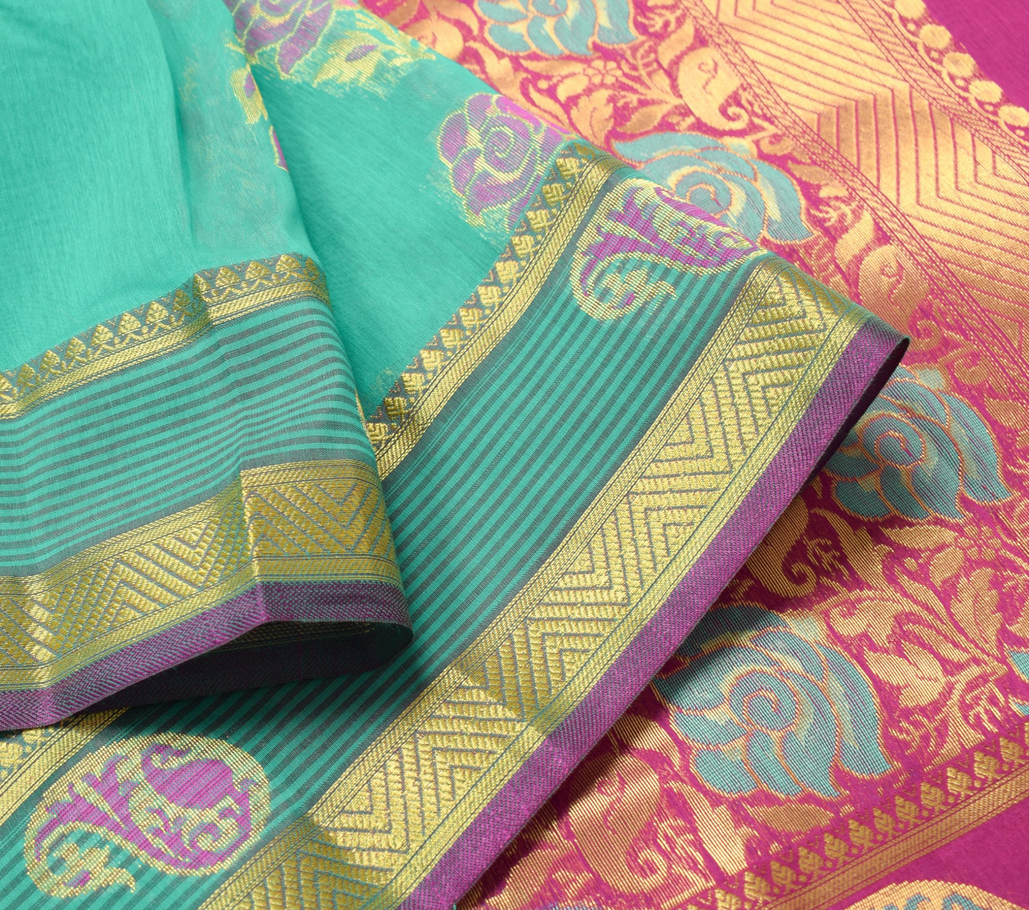 Aqua Green Zari Woven Banarasi Saree Cotton Art Party Wear Sari Blouse Fabric