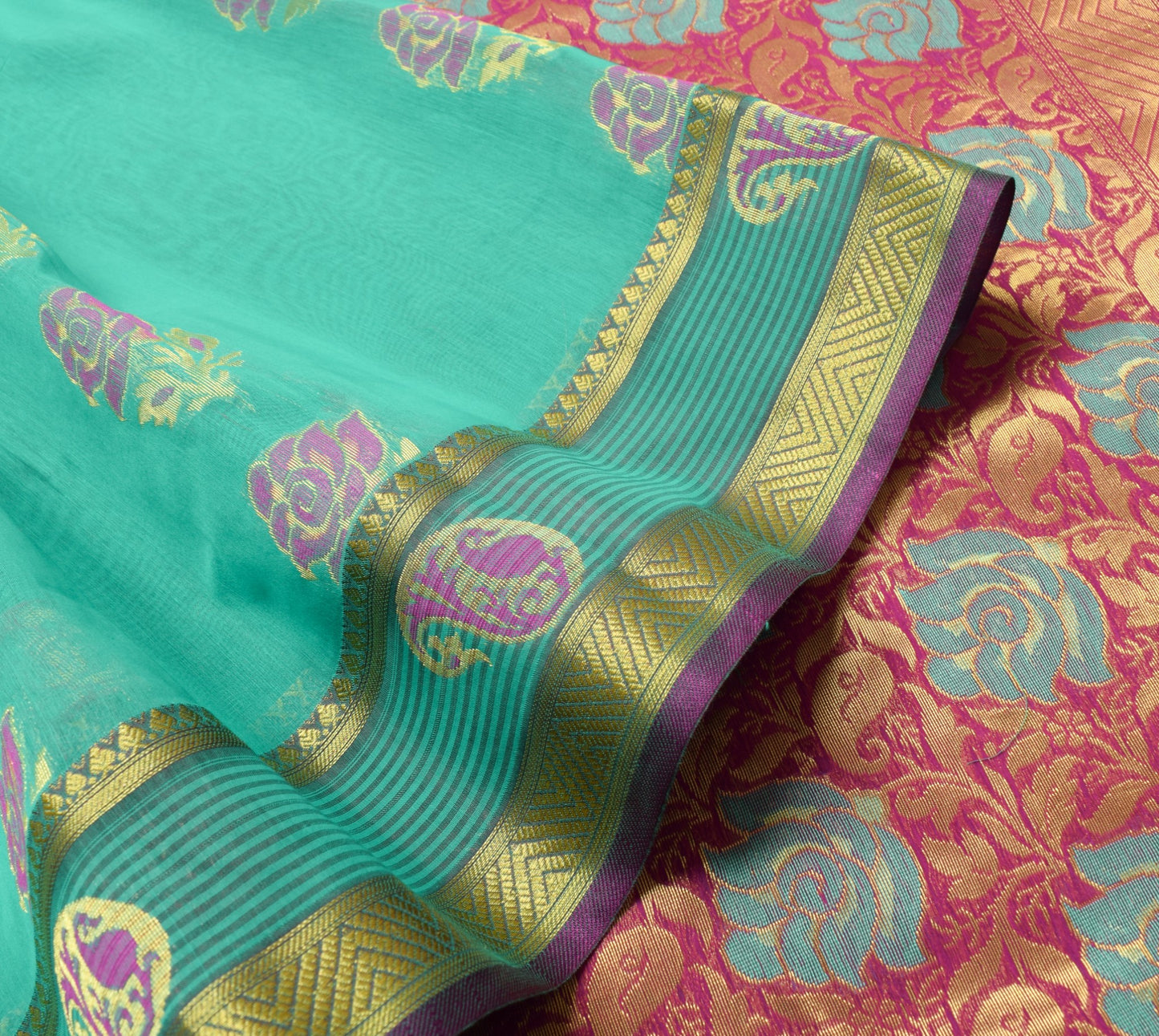 Aqua Green Zari Woven Banarasi Saree Cotton Art Party Wear Sari Blouse Fabric