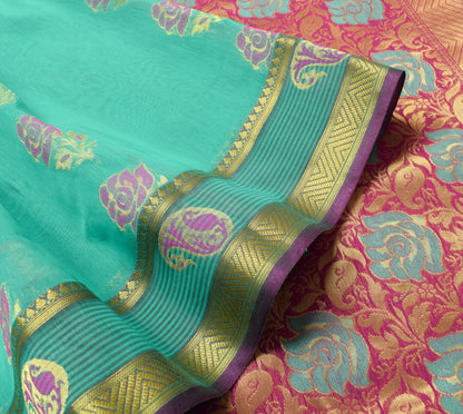 Aqua Green Zari Woven Banarasi Saree Cotton Art Party Wear Sari Blouse Fabric