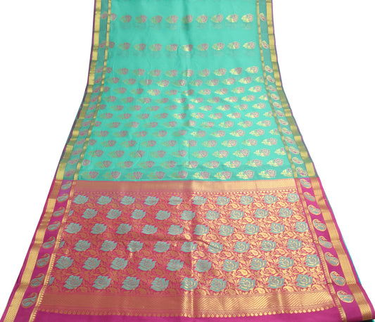 Aqua Green Zari Woven Banarasi Saree Cotton Art Party Wear Sari Blouse Fabric