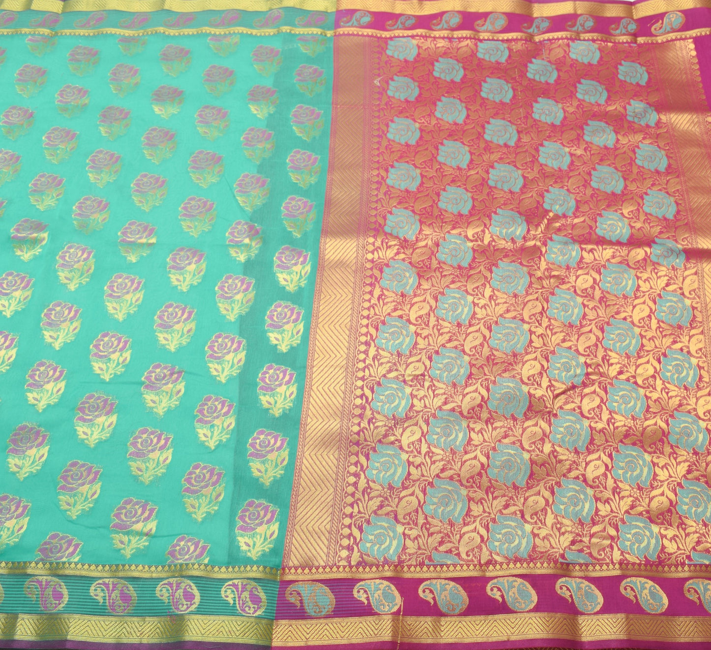 Aqua Green Zari Woven Banarasi Saree Cotton Art Party Wear Sari Blouse Fabric