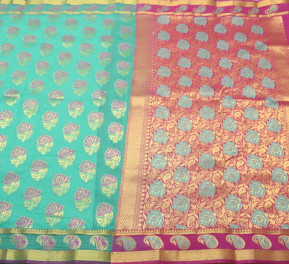 Aqua Green Zari Woven Banarasi Saree Cotton Art Party Wear Sari Blouse Fabric