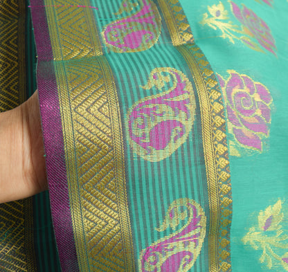 Aqua Green Zari Woven Banarasi Saree Cotton Art Party Wear Sari Blouse Fabric