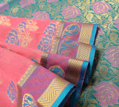 Zari Woven Pink Banarasi Saree Cotton Art Party Wear Sari with Blouse Fabric