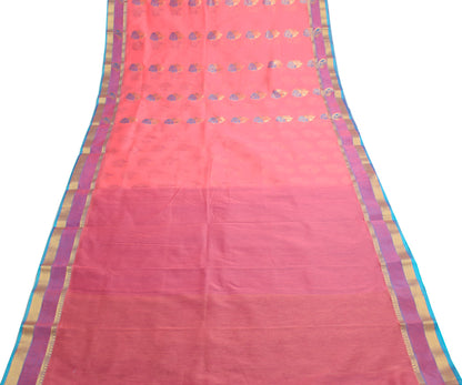 Zari Woven Pink Banarasi Saree Cotton Art Party Wear Sari with Blouse Fabric