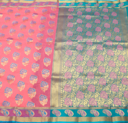 Zari Woven Pink Banarasi Saree Cotton Art Party Wear Sari with Blouse Fabric