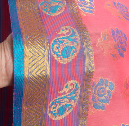 Zari Woven Pink Banarasi Saree Cotton Art Party Wear Sari with Blouse Fabric