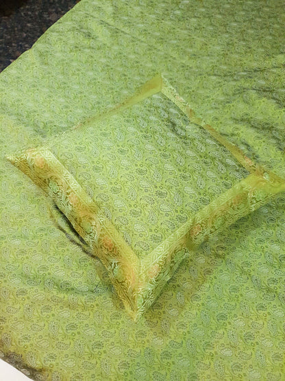 Banarasi Silk Indian Bed Set – Green Cushion & Pillow Covers Woven Zari Brocade