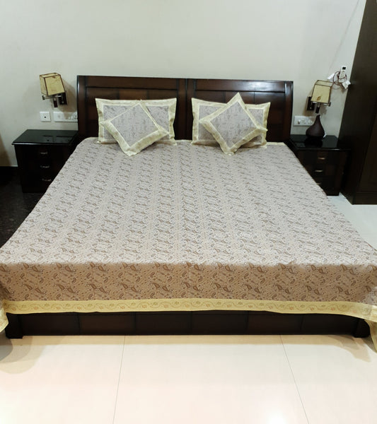 Banarasi Bed Cover Off White Silk Woven Zari Brocade Indian Cushion & Pillow Set