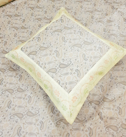 Banarasi Bed Cover Off White Silk Woven Zari Brocade Indian Cushion & Pillow Set