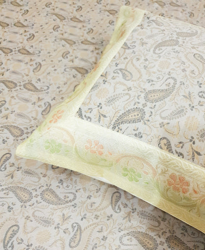 Banarasi Bed Cover Off White Silk Woven Zari Brocade Indian Cushion & Pillow Set