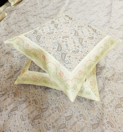 Banarasi Bed Cover Off White Silk Woven Zari Brocade Indian Cushion & Pillow Set