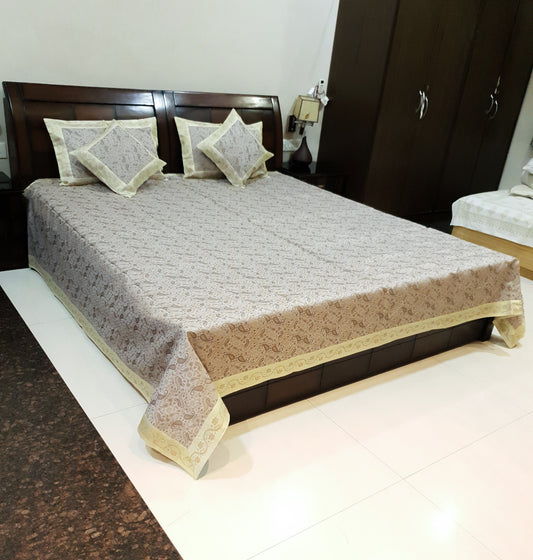 Banarasi Bed Cover Off White Silk Woven Zari Brocade Indian Cushion & Pillow Set
