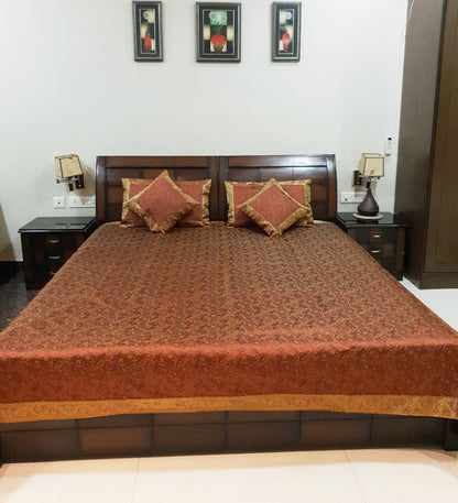 Banarasi Bed Cover Brown Silk Woven Zari Brocade Indian Cushion & Pillow Set