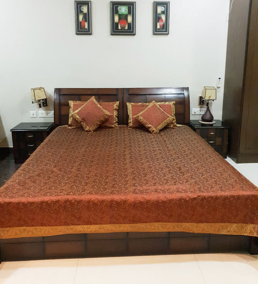 Banarasi Bed Cover Brown Silk Woven Zari Brocade Indian Cushion & Pillow Set