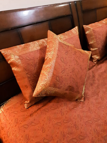 Banarasi Bed Cover Brown Silk Woven Zari Brocade Indian Cushion & Pillow Set