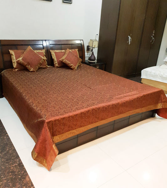 Banarasi Bed Cover Brown Silk Woven Zari Brocade Indian Cushion & Pillow Set