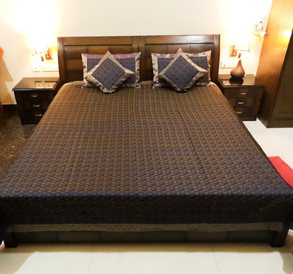 Banarasi Bed Cover Dark Blue Silk Woven Zari Brocade Indian Cushion & Pillow Set