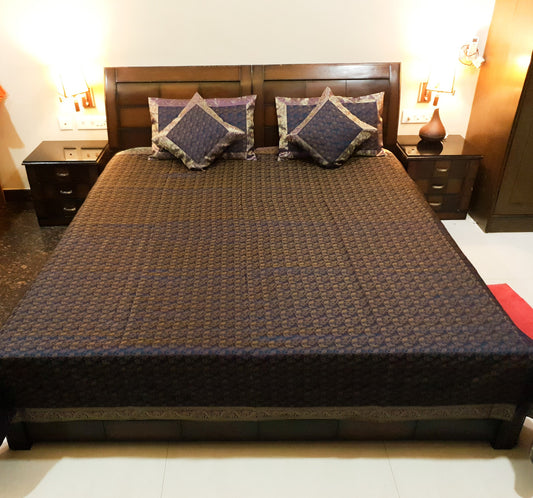Banarasi Bed Cover Dark Blue Silk Woven Zari Brocade Indian Cushion & Pillow Set
