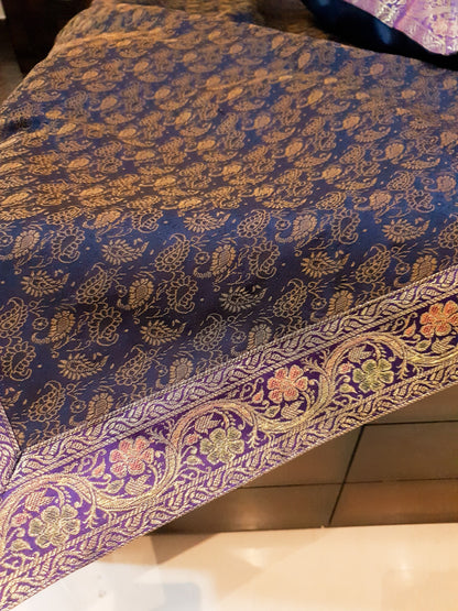 Banarasi Bed Cover Dark Blue Silk Woven Zari Brocade Indian Cushion & Pillow Set