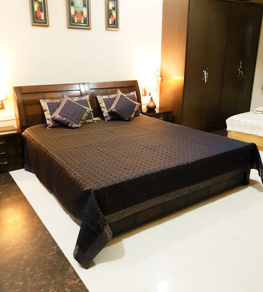 Banarasi Bed Cover Dark Blue Silk Woven Zari Brocade Indian Cushion & Pillow Set
