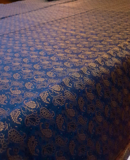 Banarasi Bed Cover Dark Blue Silk Woven Zari Brocade Indian Cushion & Pillow Set