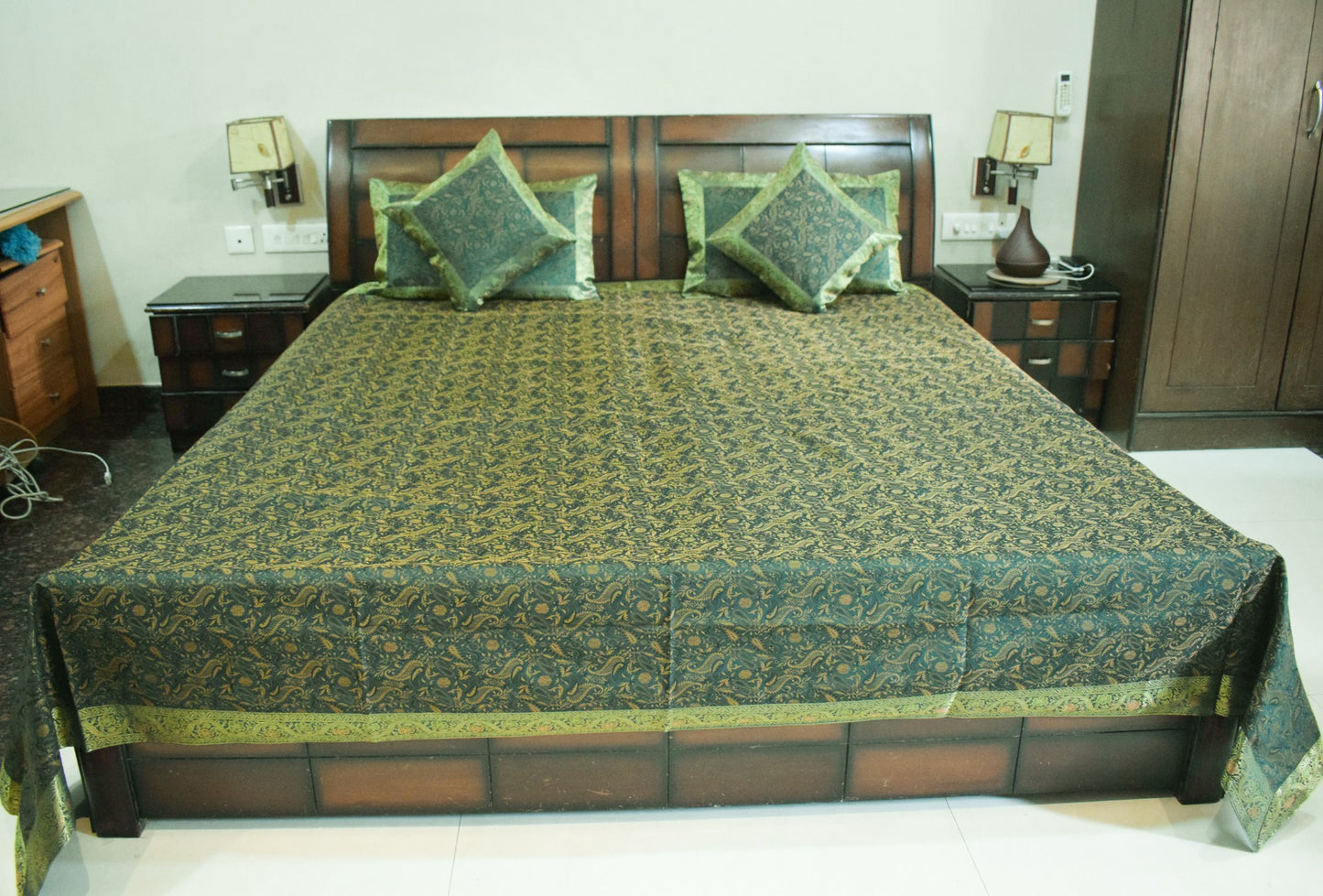 Banarasi Silk Cushion & Pillow Cover Set – Dark Green Zari Brocade Woven Design