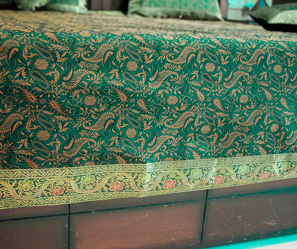 Banarasi Silk Cushion & Pillow Cover Set – Dark Green Zari Brocade Woven Design