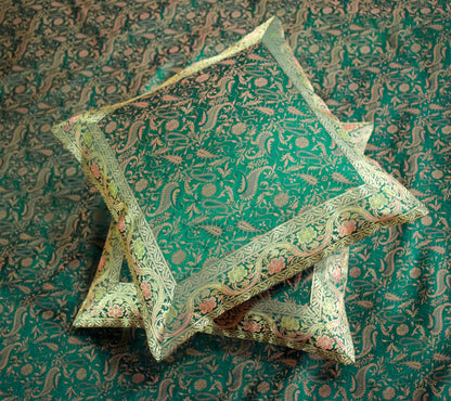 Banarasi Silk Cushion & Pillow Cover Set – Dark Green Zari Brocade Woven Design