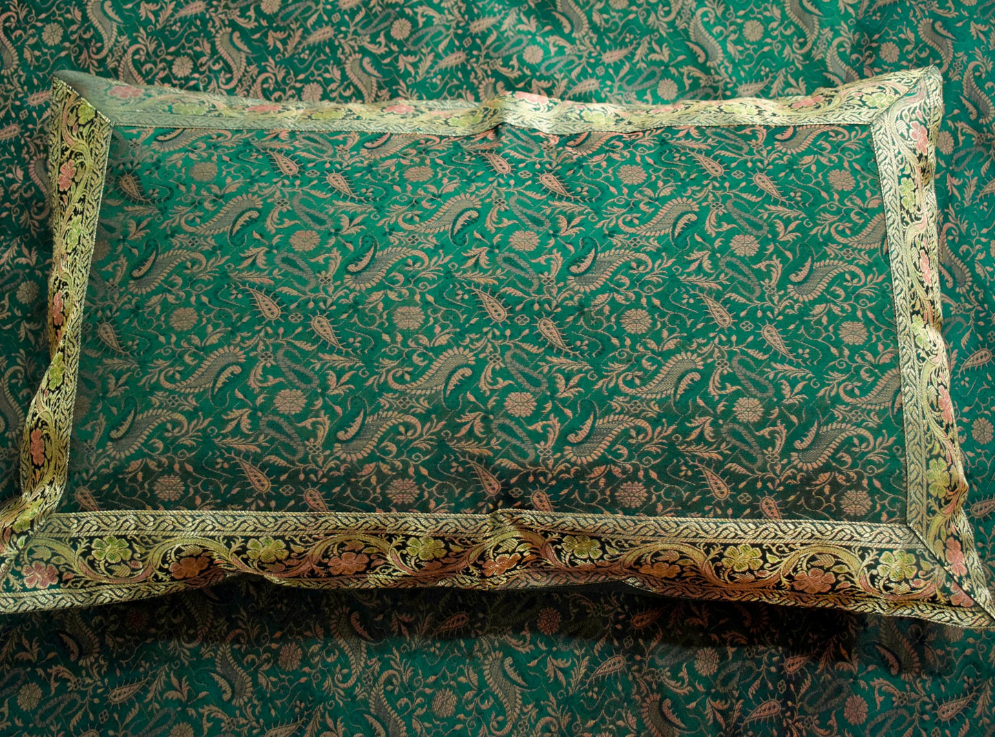 Banarasi Silk Cushion & Pillow Cover Set – Dark Green Zari Brocade Woven Design