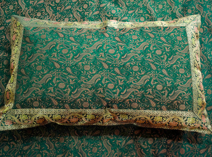 Banarasi Silk Cushion & Pillow Cover Set – Dark Green Zari Brocade Woven Design