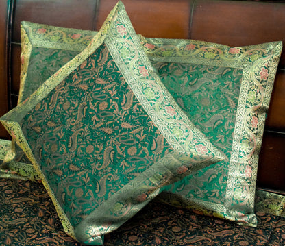 Banarasi Silk Cushion & Pillow Cover Set – Dark Green Zari Brocade Woven Design