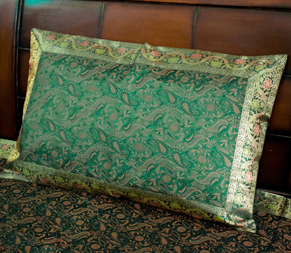Banarasi Silk Cushion & Pillow Cover Set – Dark Green Zari Brocade Woven Design