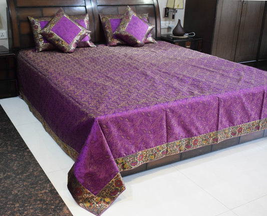 Dark Magenta Bed, Cushion & Pillow Cover Set Banarasi Silk & Woven Zari Brocade