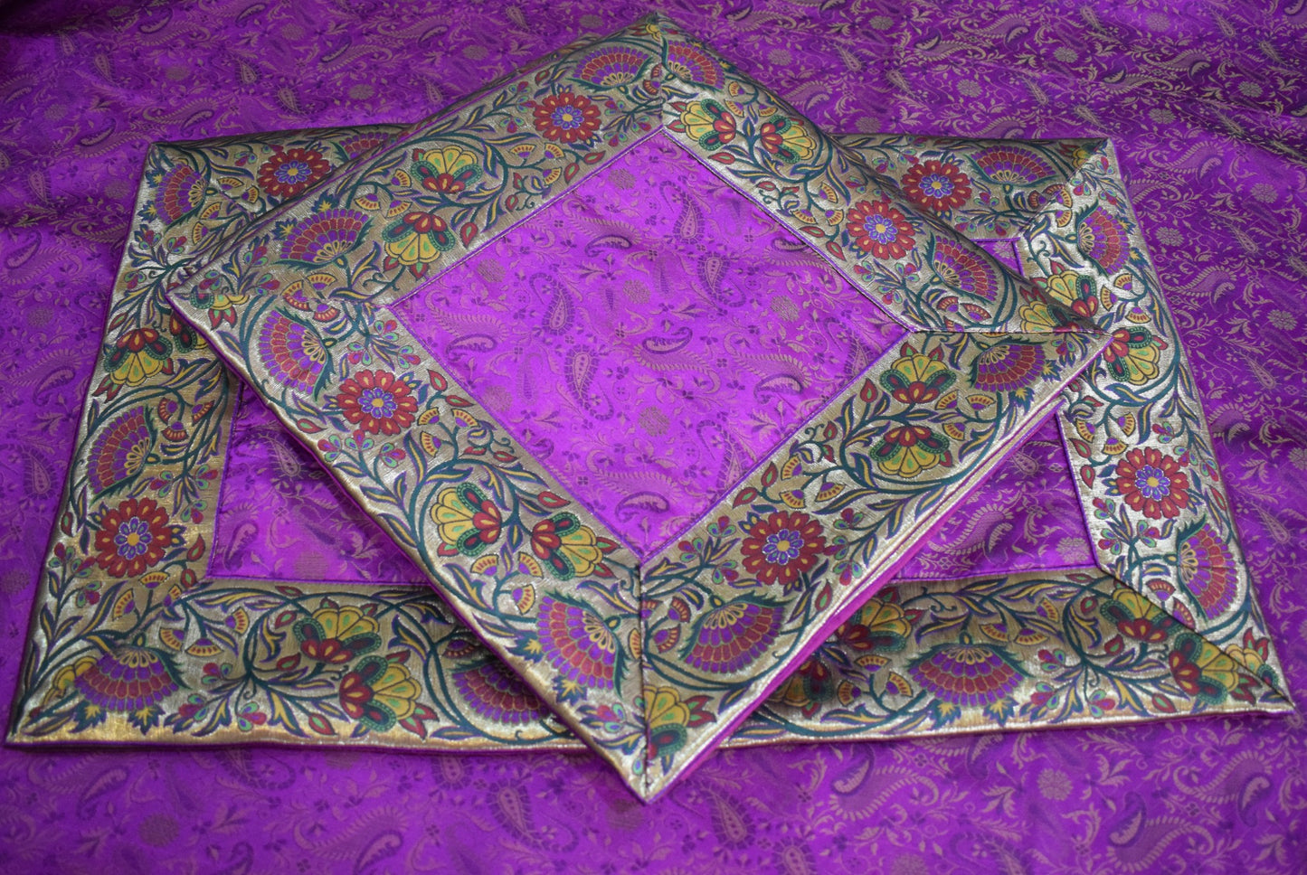 Dark Magenta Bed, Cushion & Pillow Cover Set Banarasi Silk & Woven Zari Brocade