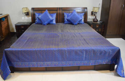 Blue Banarasi Bed, Cushion & Pillow Cover Set Indian Silk & Woven Zari Brocade