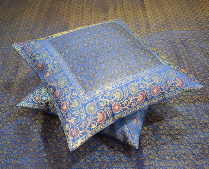 Blue Banarasi Bed, Cushion & Pillow Cover Set Indian Silk & Woven Zari Brocade
