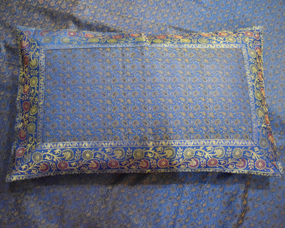 Blue Banarasi Bed, Cushion & Pillow Cover Set Indian Silk & Woven Zari Brocade