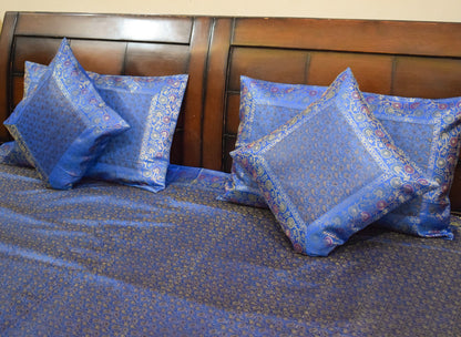 Blue Banarasi Bed, Cushion & Pillow Cover Set Indian Silk & Woven Zari Brocade
